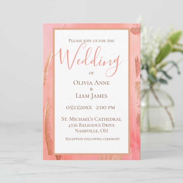 Gold Pink Peach Modern Elegant Script Wedding Invitation (Standing Front)