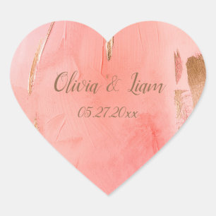 Gold Pink Peach Name Date Elegant Wedding Heart Sticker