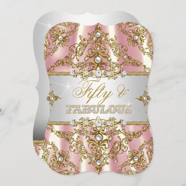 Gold Pink Pearl Damask Fifty and Fabulous Invitation (Front/Back)