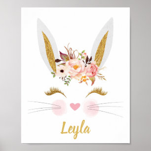 Gold Pink Peony Rabbit face Print Nursery Poster
