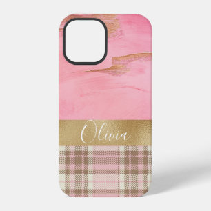 Gold Pink Plaid Abstract Watercolor Name iPhone 12 Pro Case
