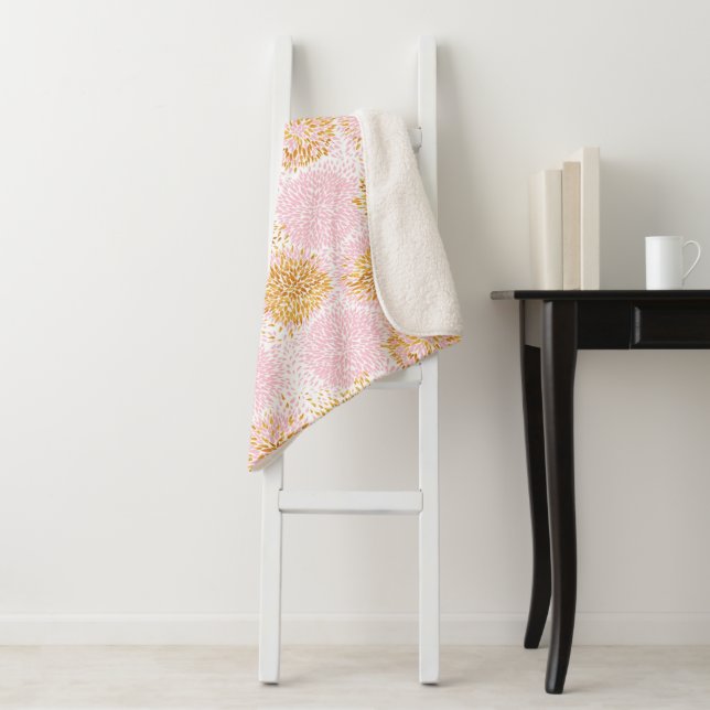 Gold & Pink Pom Pom Pattern Sherpa Blanket (In Situ)