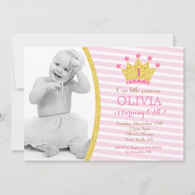 Gold Pink Princess Photo Birthday Invitations (Front)