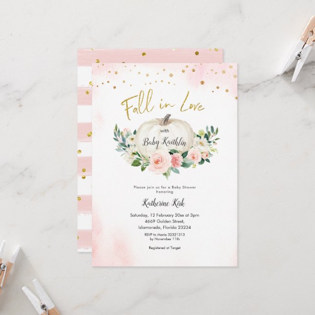 Gold Pink Pumpkin Fall in Love Baby Shower Invitation (Front/Back In Situ)