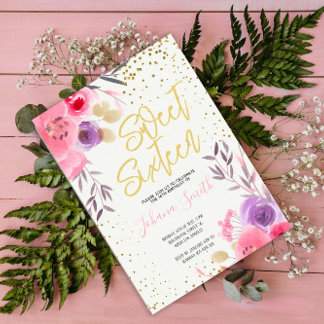 Gold Pink Purple Floral Sweet Sixteen Birthday Invitation