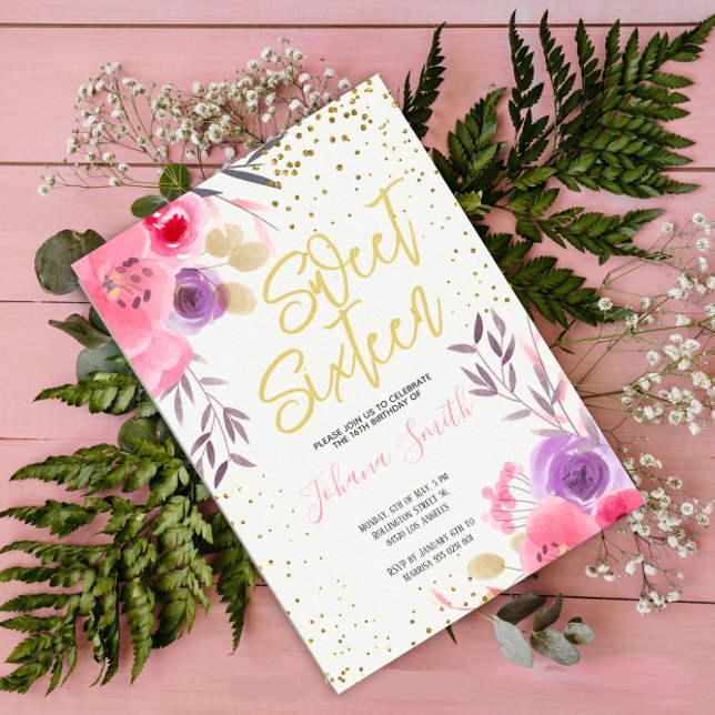 Gold Pink Purple Floral Sweet Sixteen Birthday Invitation (Creator Uploaded)