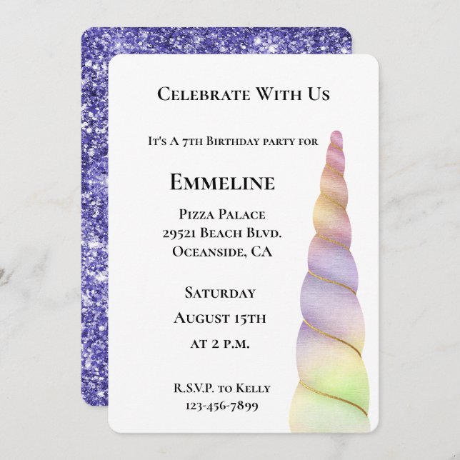 Gold Pink Purple Glitter Lime Unicorn Birthday  Invitation (Front/Back)