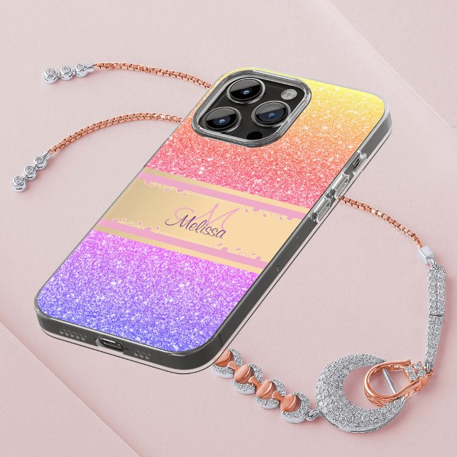 Gold Pink Purple Ombre Glittery Glam Name Monogram Case-Mate iPhone Case (Creator Uploaded)
