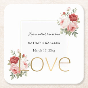 Gold Pink Red Roses Floral Gold Love Wedding  Square Paper Coaster