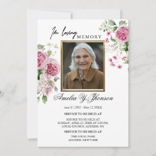 Gold Pink Rose Funeral In Loving Memory, Funeral  Invitation