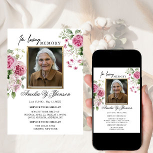 Gold Pink Rose Funeral In Loving Memory, Funeral Invitation