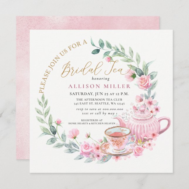 Gold Pink Roses Floral Tea Party Bridal Shower  Invitation (Front/Back)