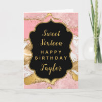 Gold Pink Sequins Agate Sweet 16 Happy Birthday