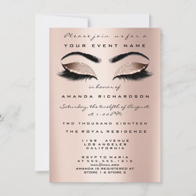 Gold Pink Skinny Makeup Glitter Bridal 16th Eyes Invitation (Front)
