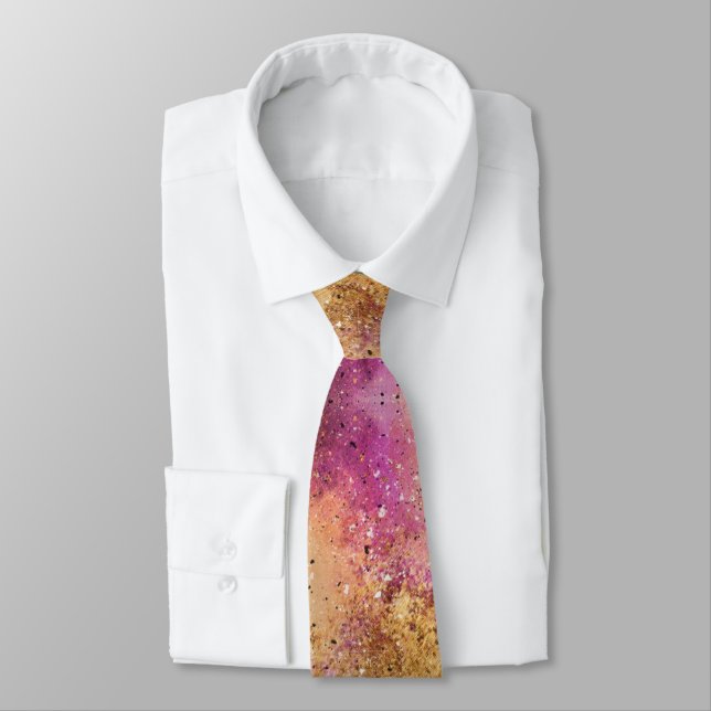 Gold Pink Sky Watercolour Wedding Groomsmen Tie (Tied)