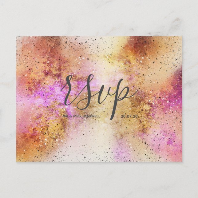 Gold Pink Sky Watercolour Wedding Rsvp Postcard (Front)