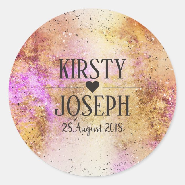 Gold Pink Sky Watercolour Wedding Sticker (Front)