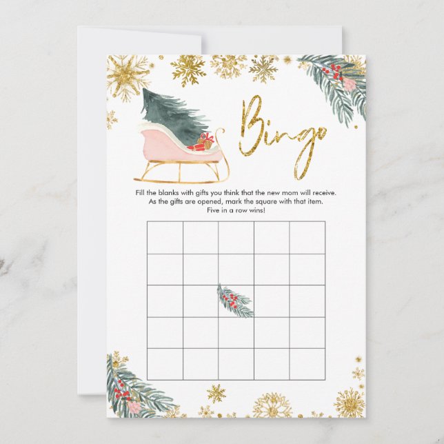 Gold Pink Sleigh Winter Baby Shower Baby Bingo Invitation (Front)