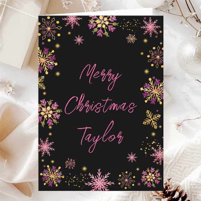 Gold Pink Snowflakes Merry Christmas with Name Holiday Card (Creator Uploaded)