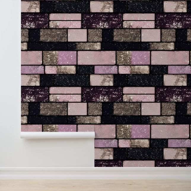 Gold Pink Sparkle Brick Pattern Wallpaper (Application)