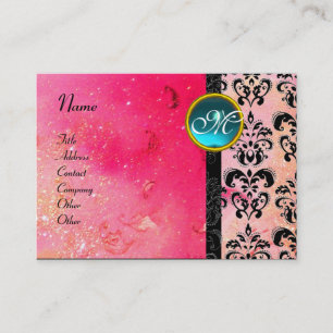 GOLD PINK SPARKLING DAMASK MONOGRAM ,fuchsia blue Business Card