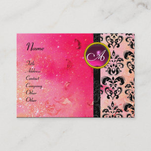 GOLD PINK SPARKLING DAMASK MONOGRAM ,fuchsia Business Card