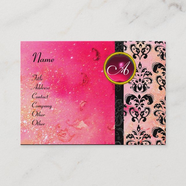 GOLD PINK SPARKLING DAMASK MONOGRAM ,fuchsia ruby Business Card (Front)
