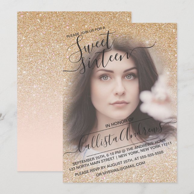 Gold Pink Sparkly Glitter Ombre Photo Sweet 16 Invitation (Front/Back)