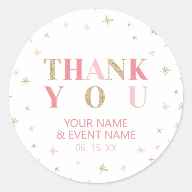 Gold & Pink Stars Thank you Baby Shower Favour Classic Round Sticker (Front)