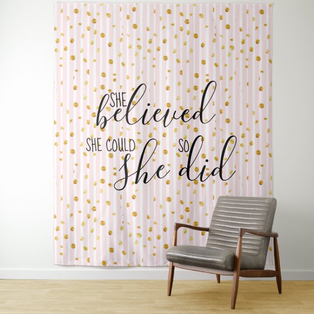 Gold & Pink Stripe Dot She Believed She Could Tapestry (In Situ)