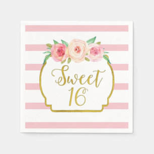 Gold Pink Stripes Flowers Sweet 16 Birthday Napkin