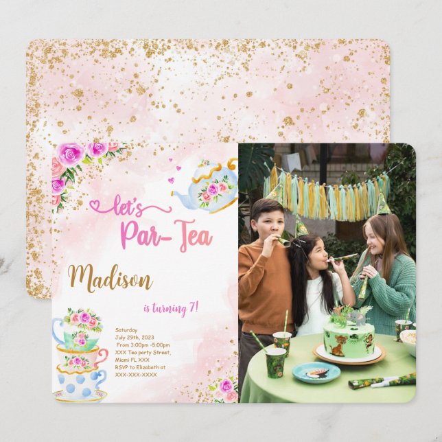 Gold & Pink Tea Party Photo Invitation (Front/Back)