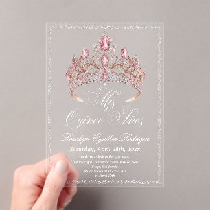 Gold Pink Tiara Quinceanera Photo Acrylic Invitations