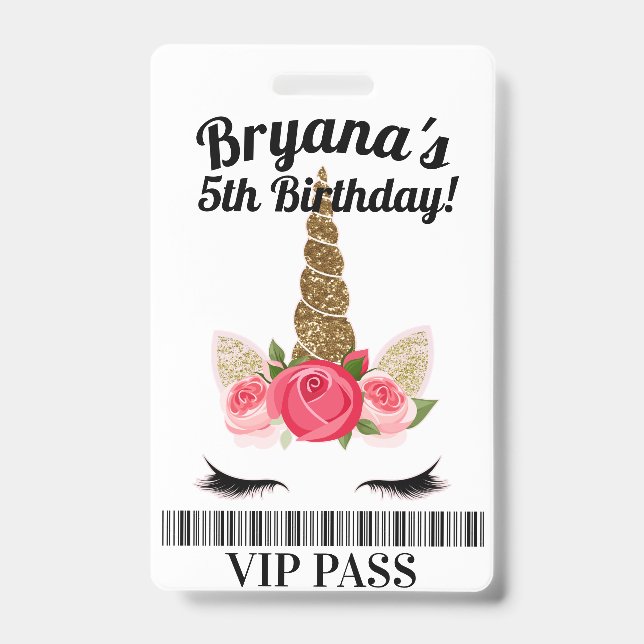 Gold Pink Unicorn Floral Birthday Party VIP PASS ID Badge (Front)