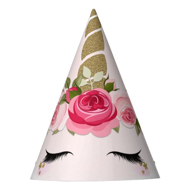 Gold & Pink Unicorn Flower Blooms Birthday Party Hat (Front)