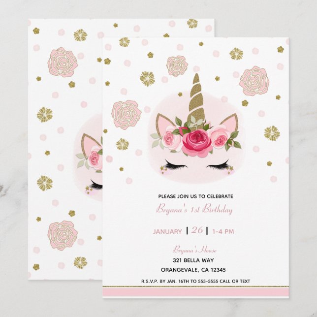 Gold & Pink Unicorn Flower Blooms Birthday Party Invitation (Front/Back)