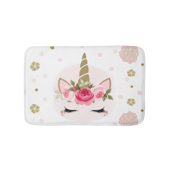 Gold & Pink Unicorn Flower Blooms Trendy Cute Bath Mat (Front)