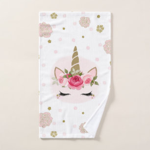 Gold & Pink Unicorn Flower Blooms Trendy Cute Bath Towel Set
