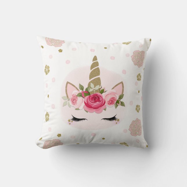 Gold & Pink Unicorn Flower Blooms Trendy Cute Cushion (Front)