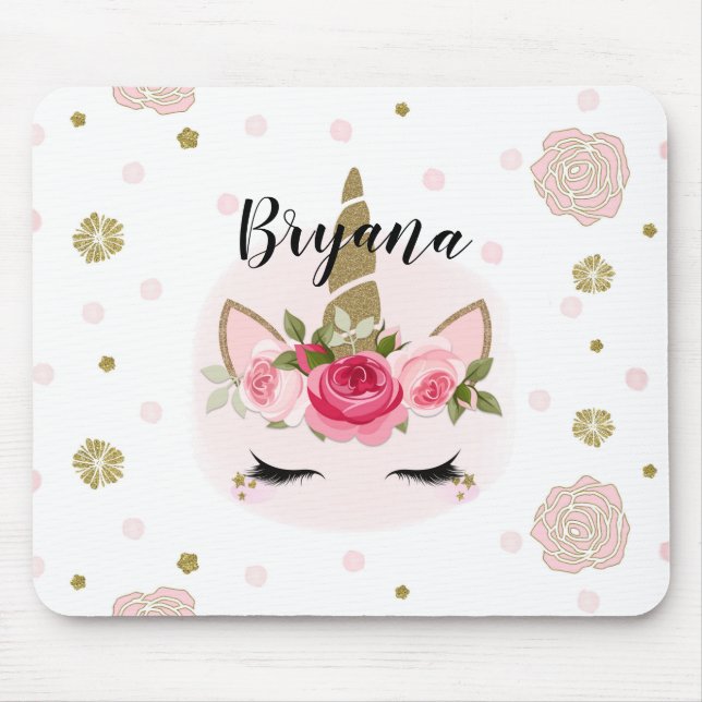 Gold & Pink Unicorn Flower Blooms Trendy Cute Mouse Pad (Front)
