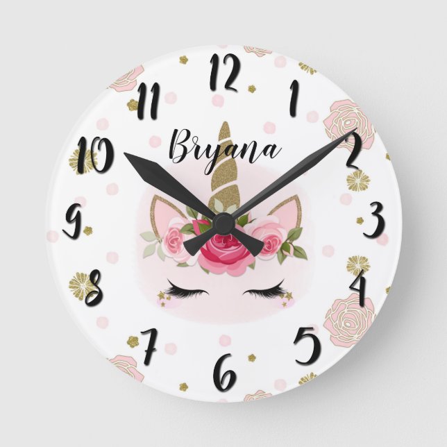 Gold & Pink Unicorn Flower Blooms Trendy Cute Round Clock (Front)