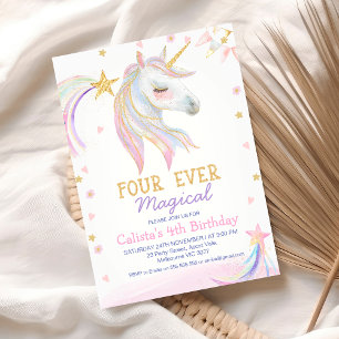 Gold Pink Unicorn Four Ever Magical 4th Birthday Invitation