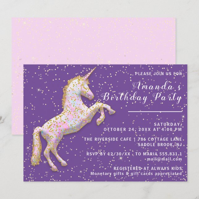 Gold Pink Unicorn Horse Birthday Confetti Purple Invitation (Front/Back)