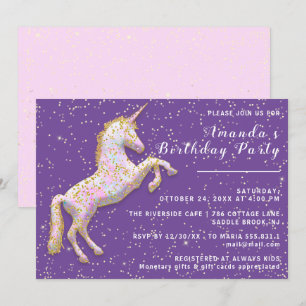 Gold Pink Unicorn Horse Birthday Confetti Purple Invitation