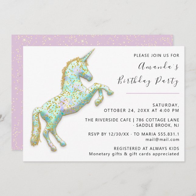 Gold Pink Unicorn Horse White Birthday Baby Shower Invitation (Front/Back)