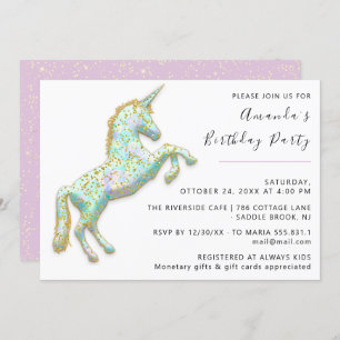 Gold Pink Unicorn Horse White Birthday Baby Shower Invitation