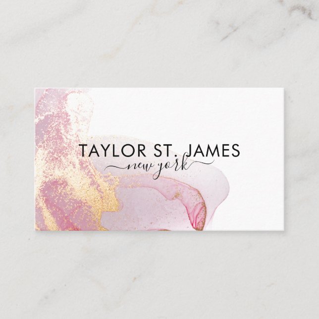 Gold Pink Watercolor Calligraphy Painting Splatter Business Card (Front)