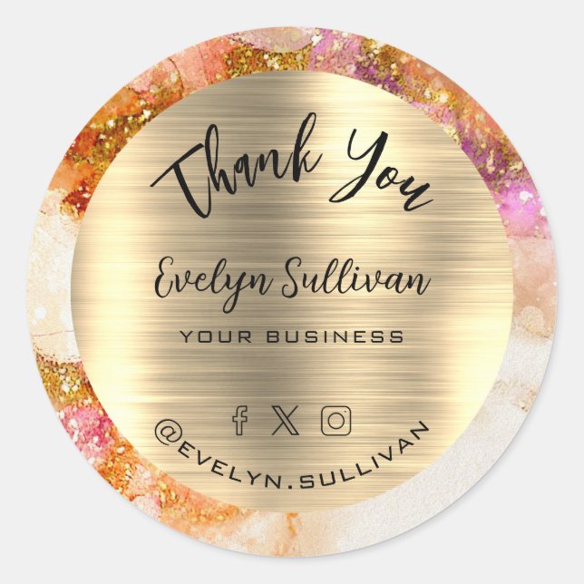 Gold Pink Watercolor Faux Foil Thank You Sticker (Front)