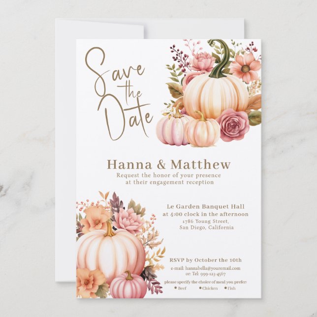 Gold Pink Watercolor Pumpkins Roses Save The Date Invitation (Front)