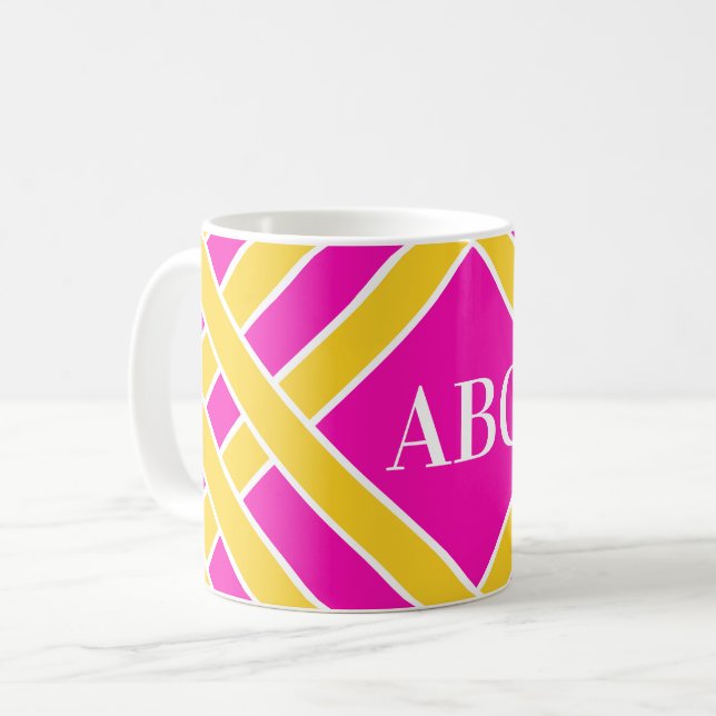 Gold/pink/white bands, stripes, customise initials coffee mug (Front Left)